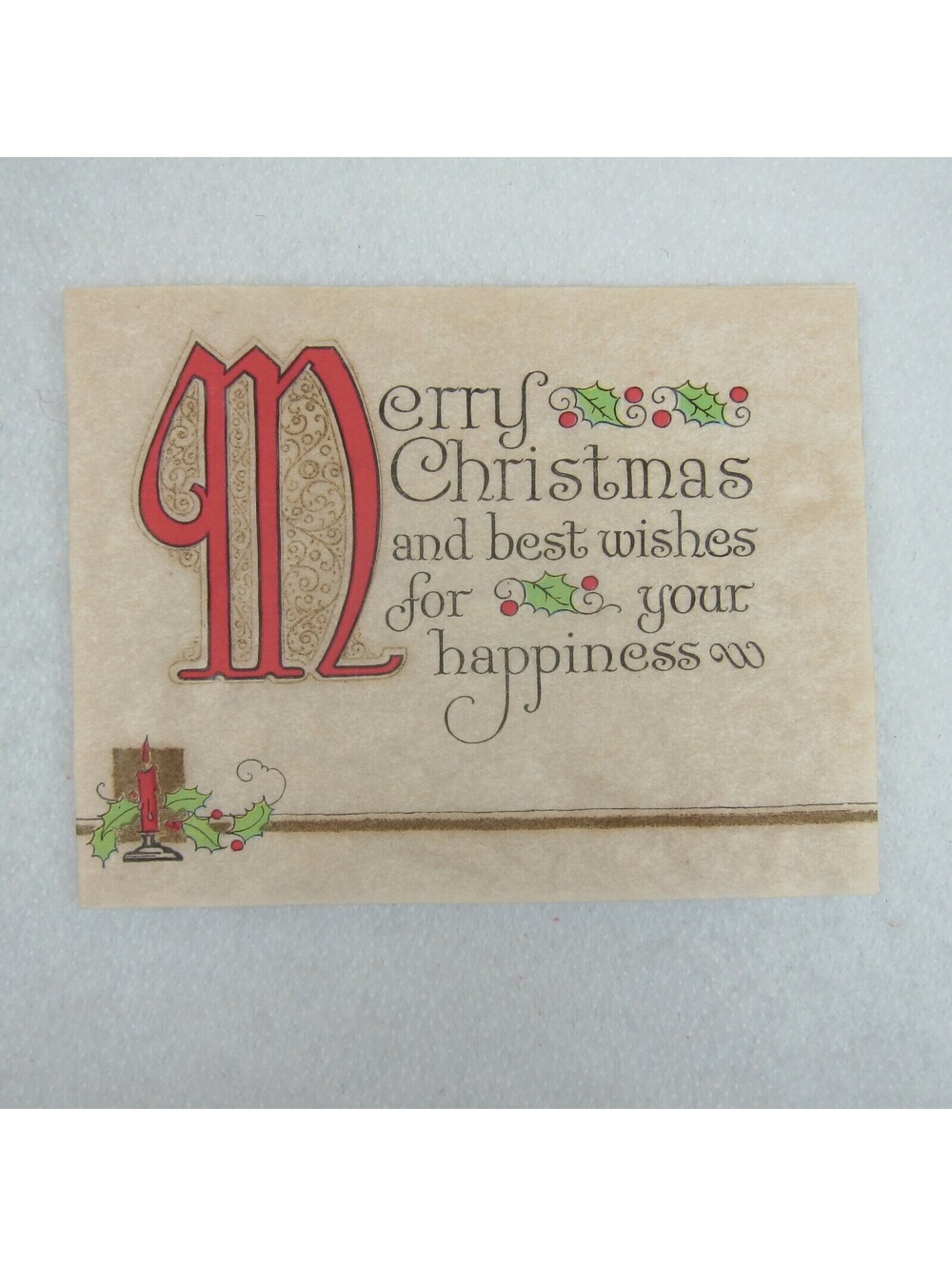 Vintage Merry Christmas Rice Paper Card Greeting UNSIGNED Candle Holly Berries